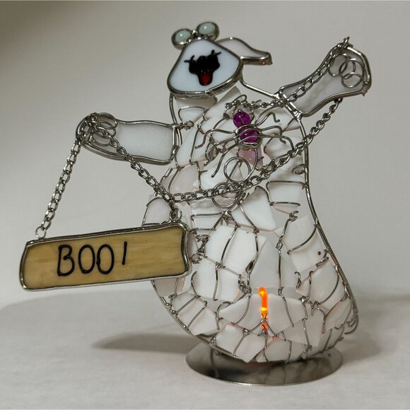 Vintage Halloween Stained Glass Ghost Candle Holder Boo Sign Chains 8.5" - Picture 6 of 12